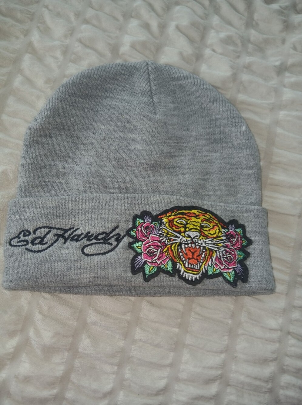 Ed Hardy Gray Beanie with Embroidered Tiger and Roses